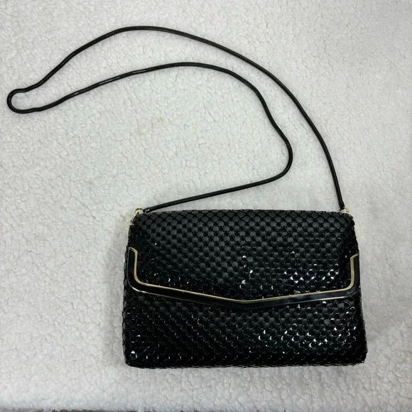 Vintage Metal Mesh Crossbody Bag Black Gold Trim Evening Clutch Glam Retro - Picture 6 of 12